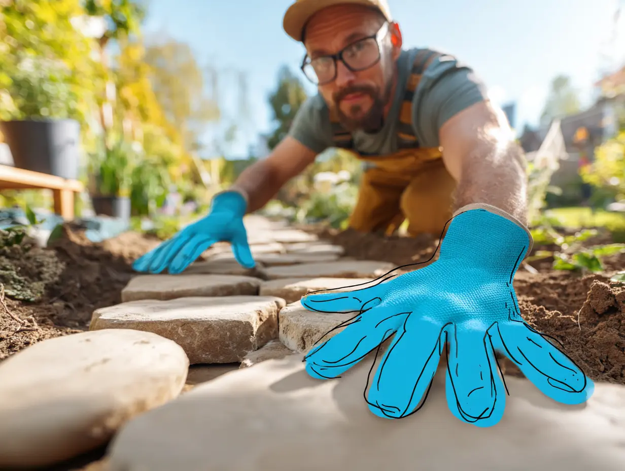 Professionel fliselægger i gang med præcisionsarbejde på terrasse.