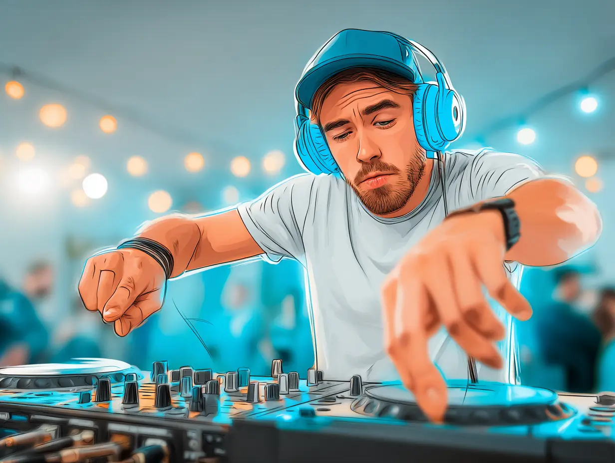 DJ spiller musik til fest med professionelt udstyr.