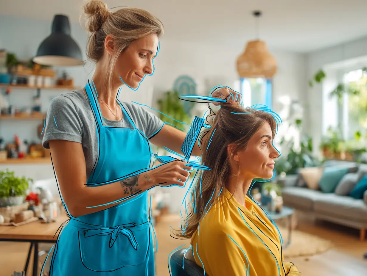 Mobil frisør klipper hår hos kunde i hjemmet.