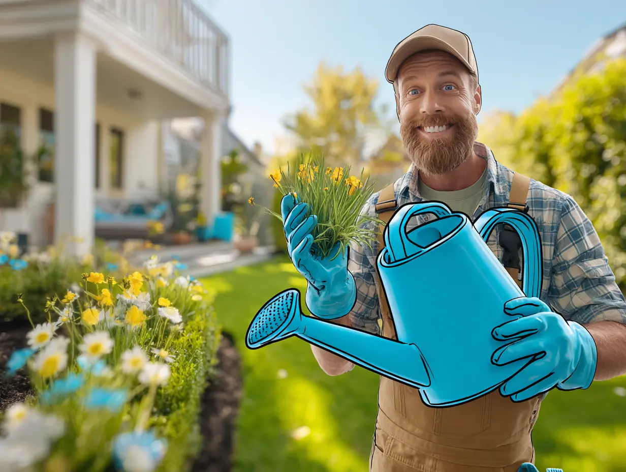 Person arbejder som anlægsgartner i frodig have.