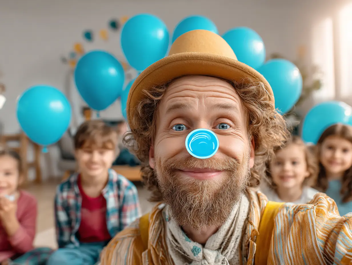 Professionel klovn underholder børn til fødselsdagsfest.