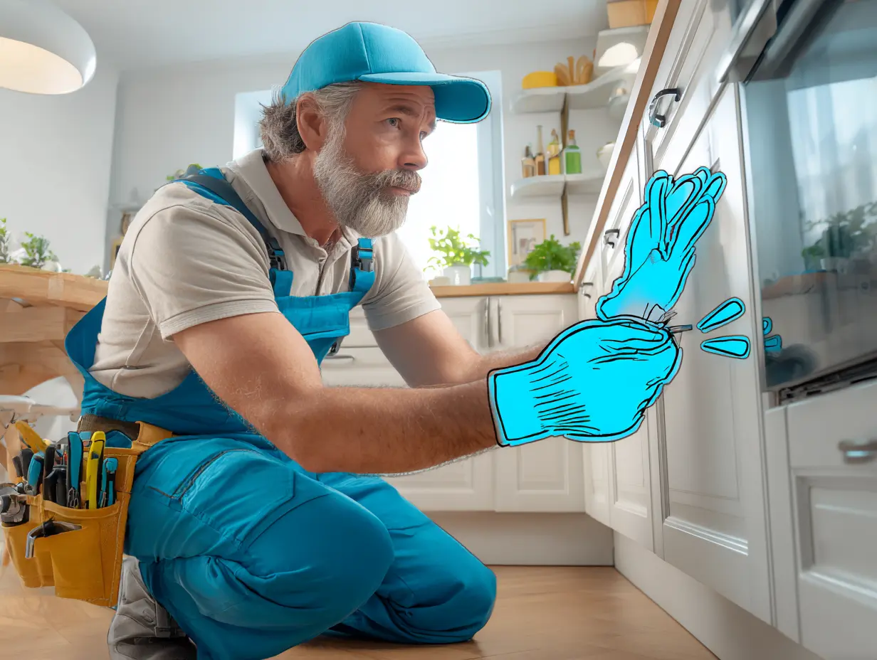 Person udfører køkkenrenovering med værktøj i moderne køkkenmiljø.