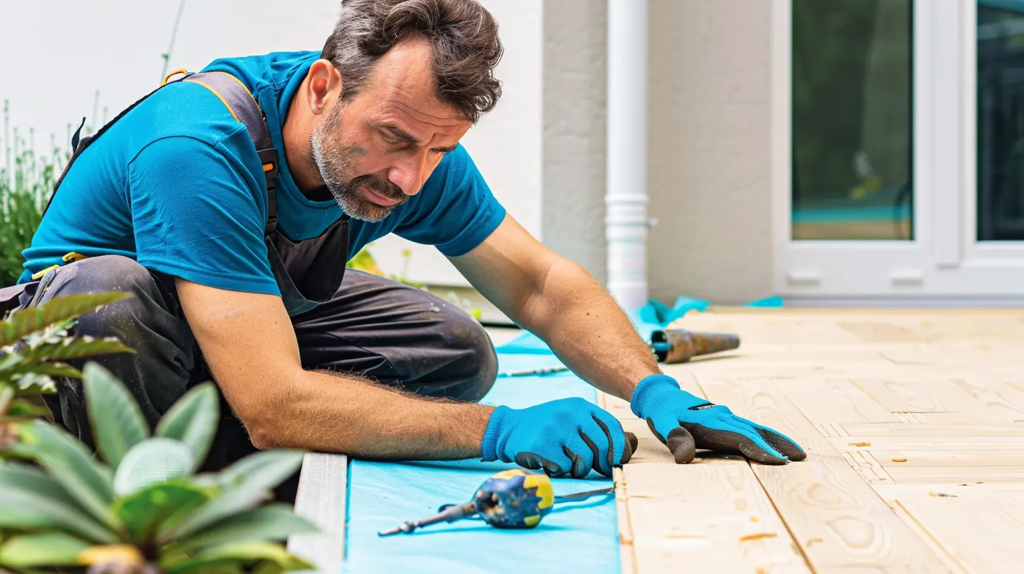 Person anlægger terrasse med træplanker i solrigt udemiljø.