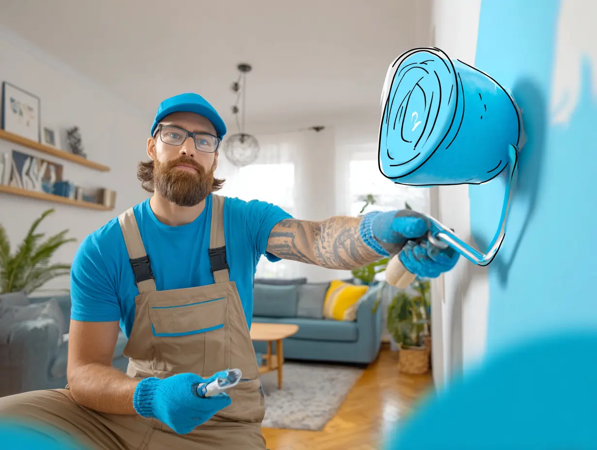 Professionel maler i gang med at male en væg i et hjem.