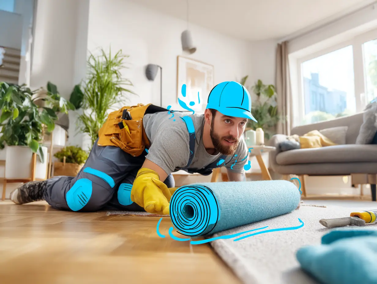 Person monterer gulvtæppe i stue for Handyhand service.