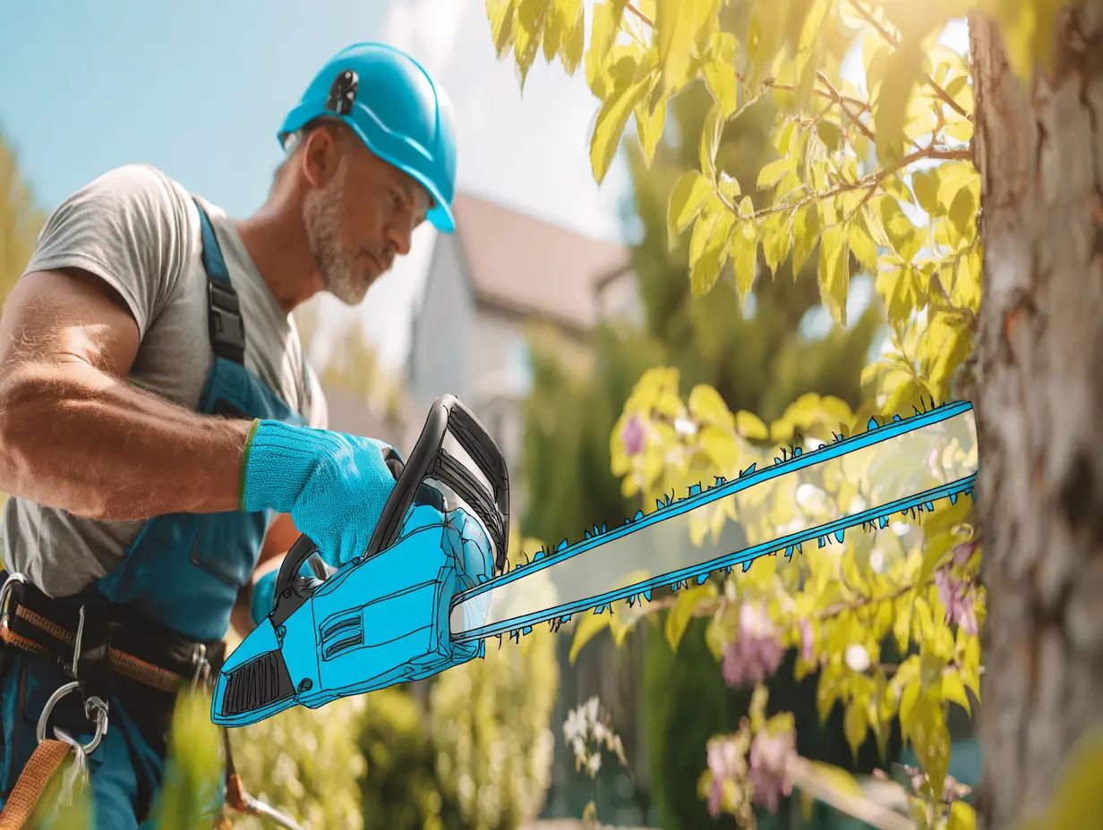 Person fælder træ med motorsav i skovområde.