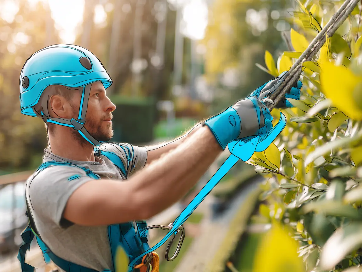 Person reparerer hækkeklipper i værksted.