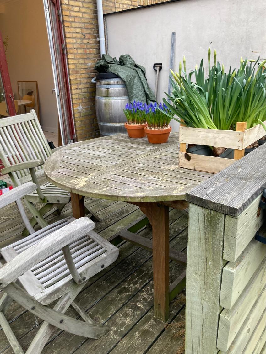 Rensning og algebehandling af træterrasse på 18 kvadratmeter