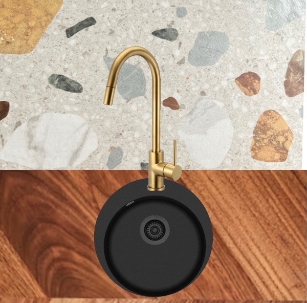 Terazzofliser bagved komfur og vask