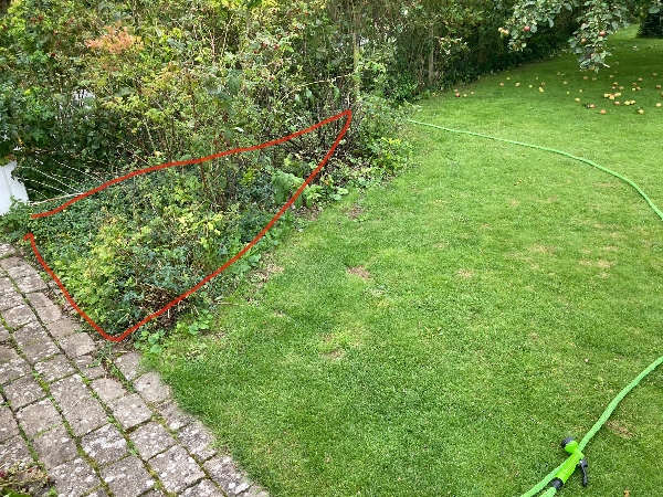 Gravning til nyt bed ca. 4*4 meter (dels fjerne noget græsplæne, dels grave lidt bærbuske op)