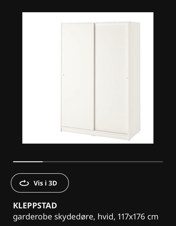 Samling af Ikea Kleppstad garderobeskab med skydedøre + montering af 2 stk. rullegardiner.