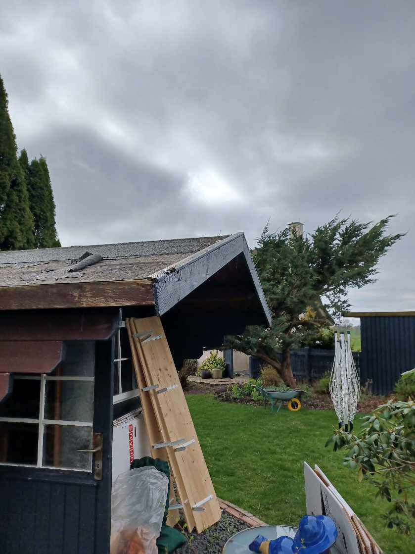 Reparation af tag på mindre anneks i haven. Fjernelse af gammelt tagpap og sternbrædder og nyt tagpap lægges/nye brædder monteres.