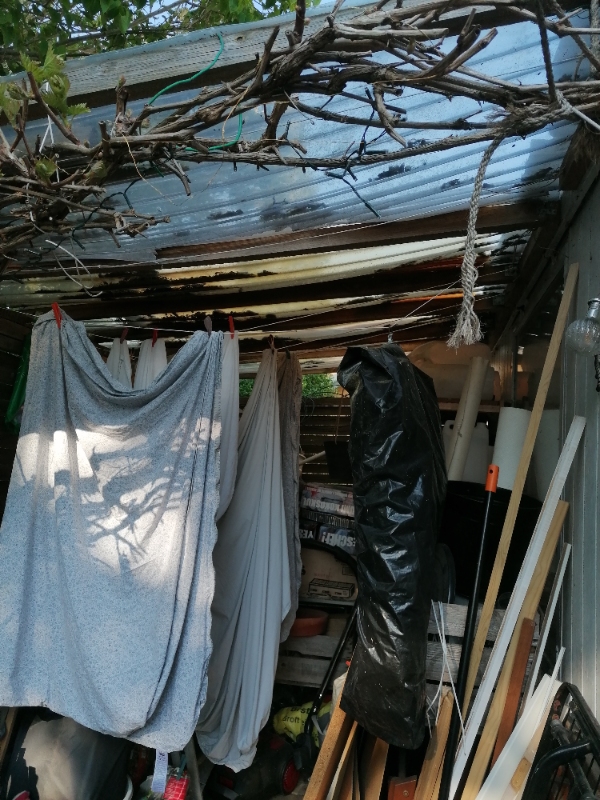 Tage trapezplader ned på carport og udhus og en lille overdækket i forlængelse af udhus, samt udski