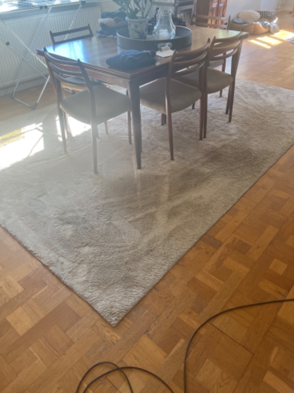 Et løst gulvtæppe under spisebord og et fast gulvtæppe i enter. Tæpperne skal renses