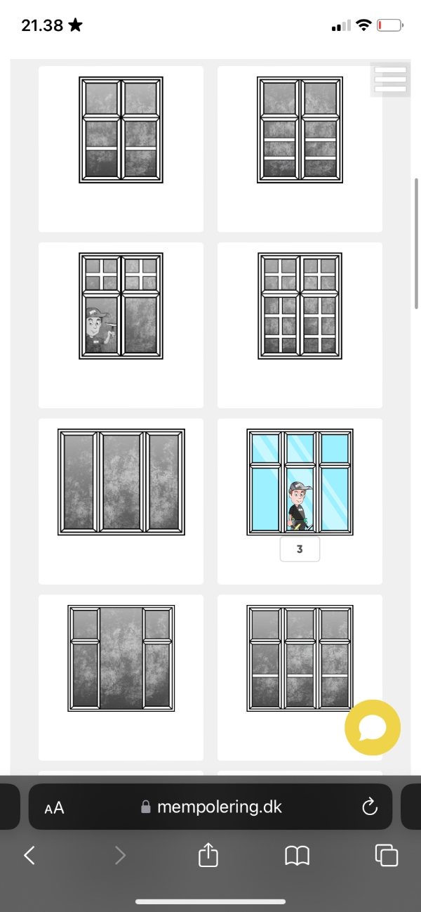 3 velux, 3x 6-parti vinduer, 2x 10-parti døre, 11x 4-parti vinduer, inde og ude