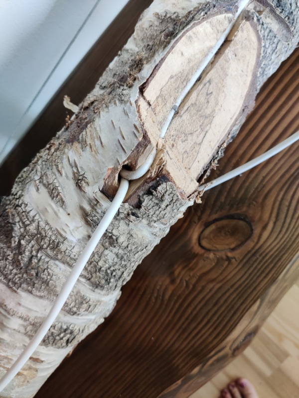 Lampe/birkestamme, der skal hænges op i loft med 2 kroge, og derefter tilsluttes strømudtag på vægg