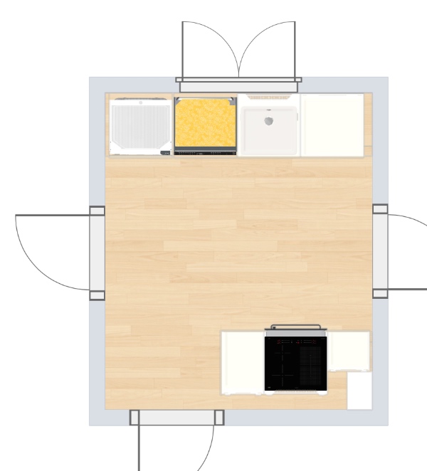 Opstilling af nyt køkken, sektionerne ( 5 stk) er samlet( uden indmad).