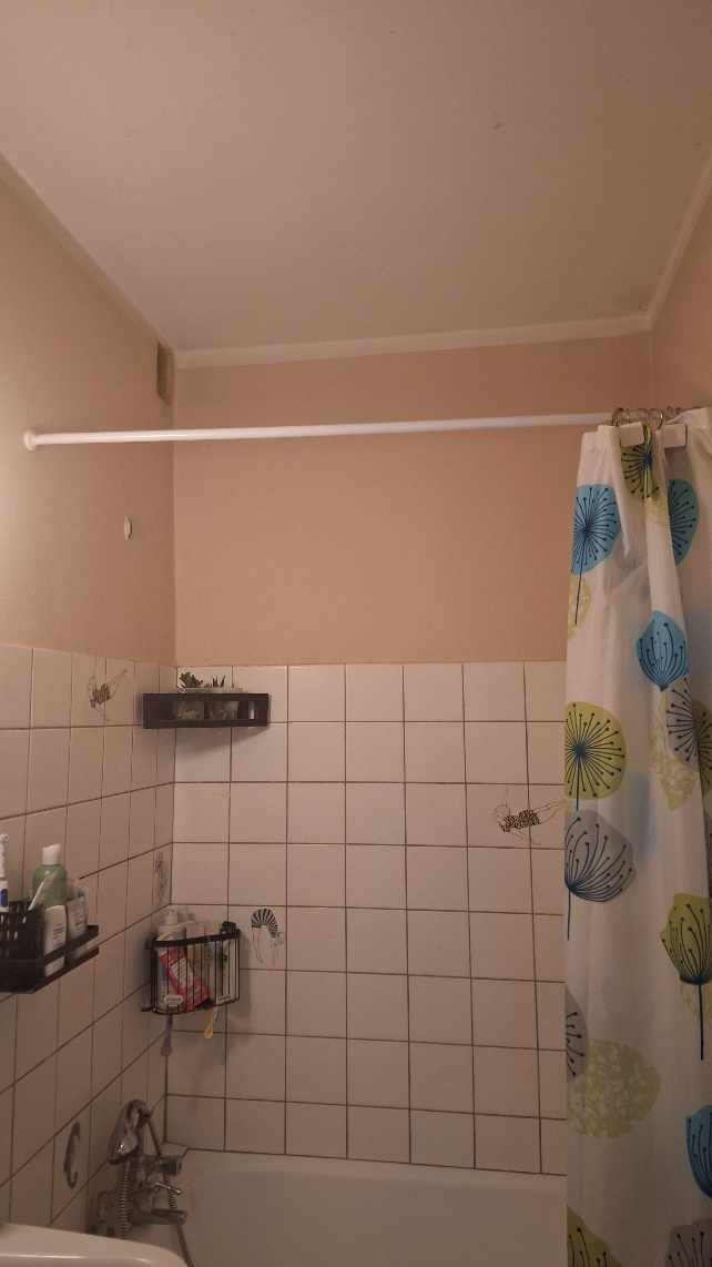 Maling af over væg, loft og rør på lille badeværelse.