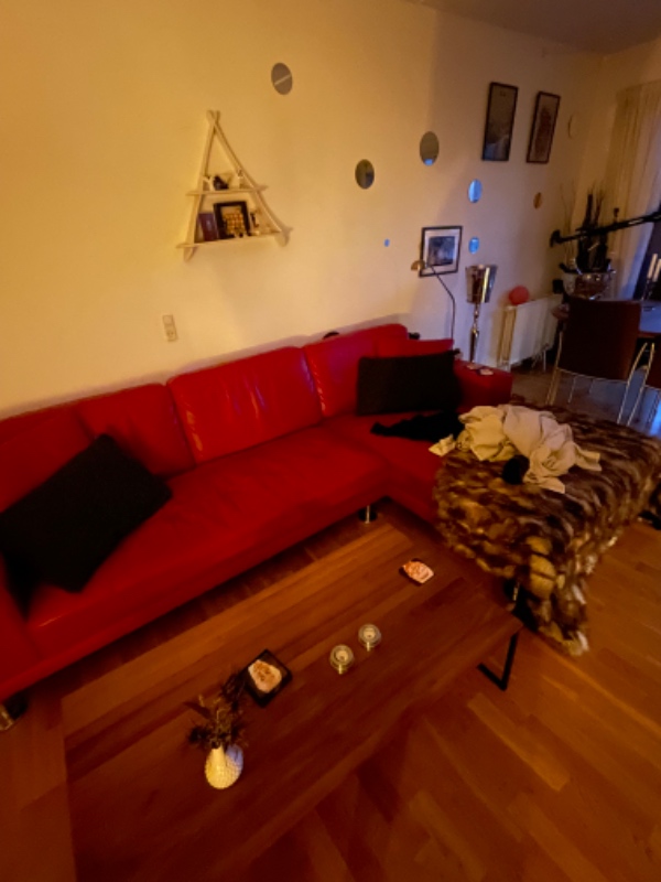 Skille stor lædersofa m chaiselong, køre til genbrugsstation  ca 1,5 km væk. Har elevator,