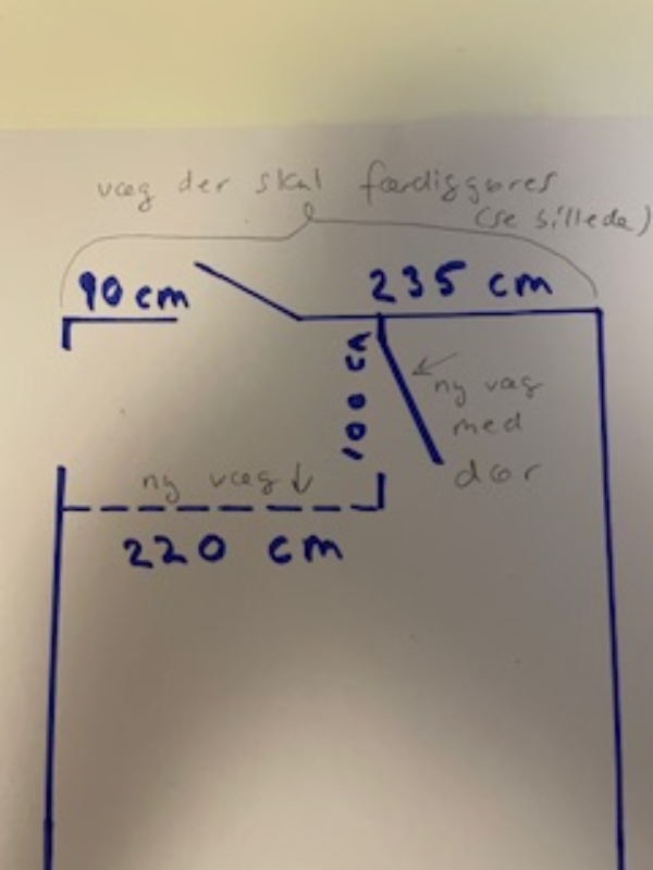 Afslutning af en gipsvæg der ikke er lukket af samt opsætning af ny gipsvæg plus gipsvæg med dørkarm