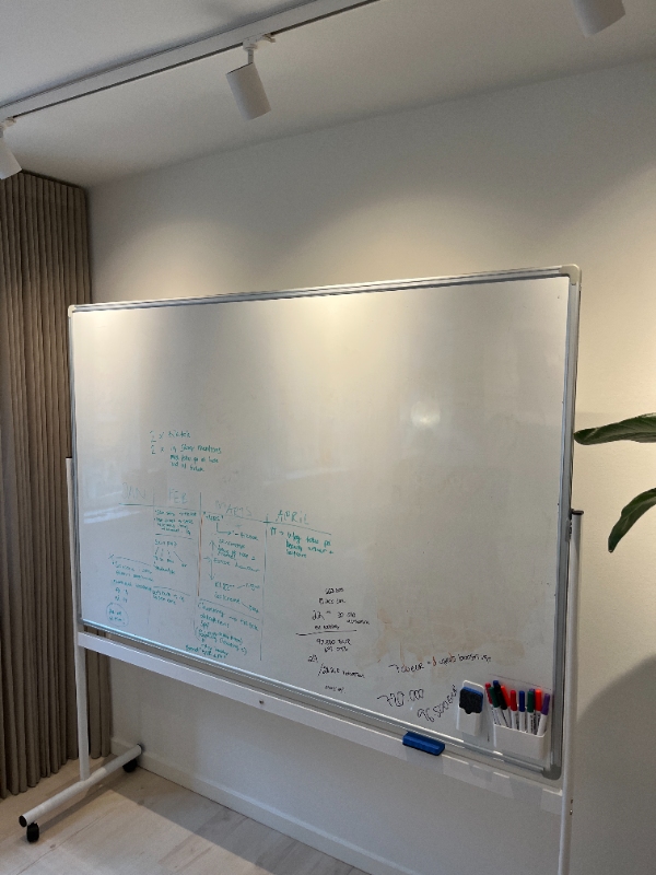 Opsætning af en enkelt loftlampe. Påsætning af 2 greb på skabslåger. Ophæng af whiteboard på væg. Påsætning af liste.