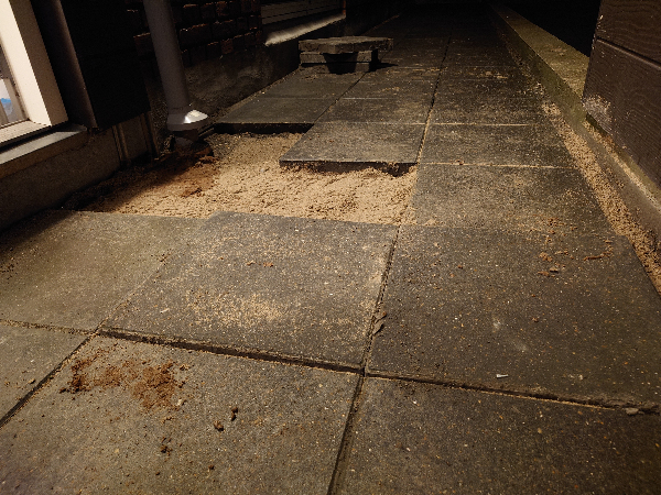 5 fliser skal ligges vandret med resten. Fliserne er allerede skåret, og jorden er der.