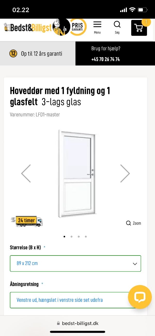 Montering af en stk facade dør plus 2 stk dør overdækning