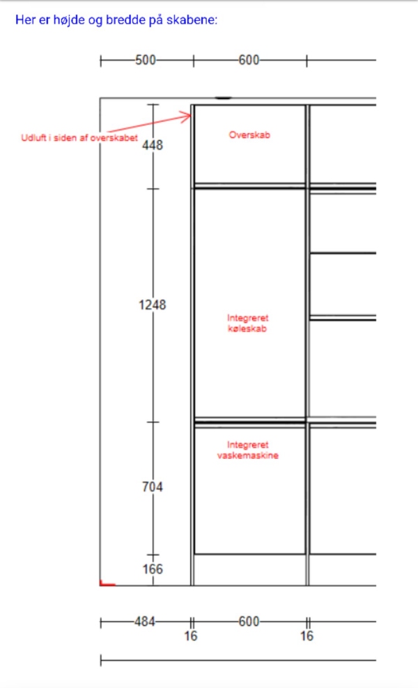 Køkken: Opsætning af HTH skab og tilslutning af ndbygget køleskab og vaskemaskine