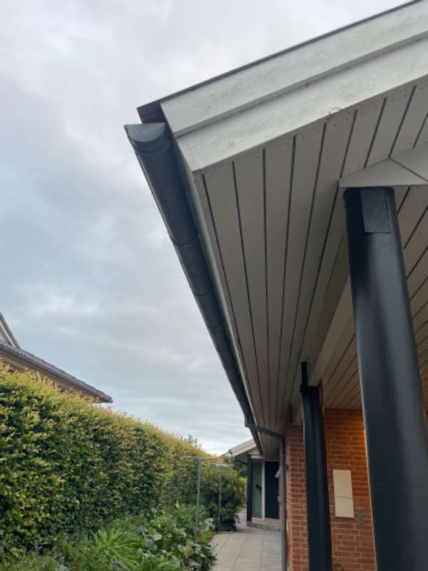 Maling af udhæng rundt om hus og sternbrædder på 3 gavle. Højde til kip på den ene gavl er 6 m.