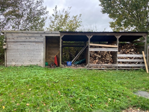 Træfældning, flyt af skur og beskæring