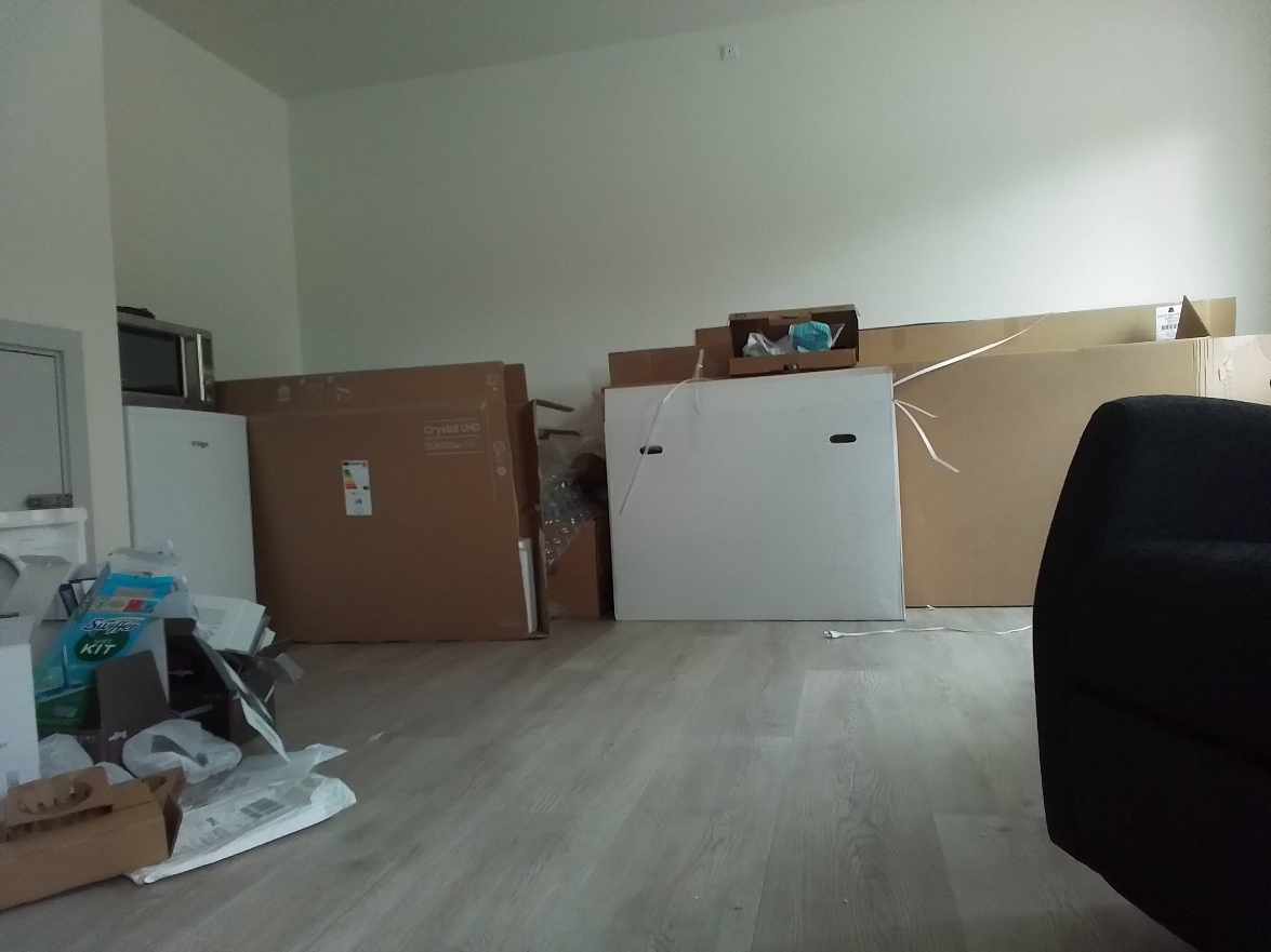 Afskaffelse af lidt pap od lign. affald efter køb af seng, madras, lænestol, tv og lidt småemballage. Det står i min lejlighed i stue etage (som dog er et par trin oppe)