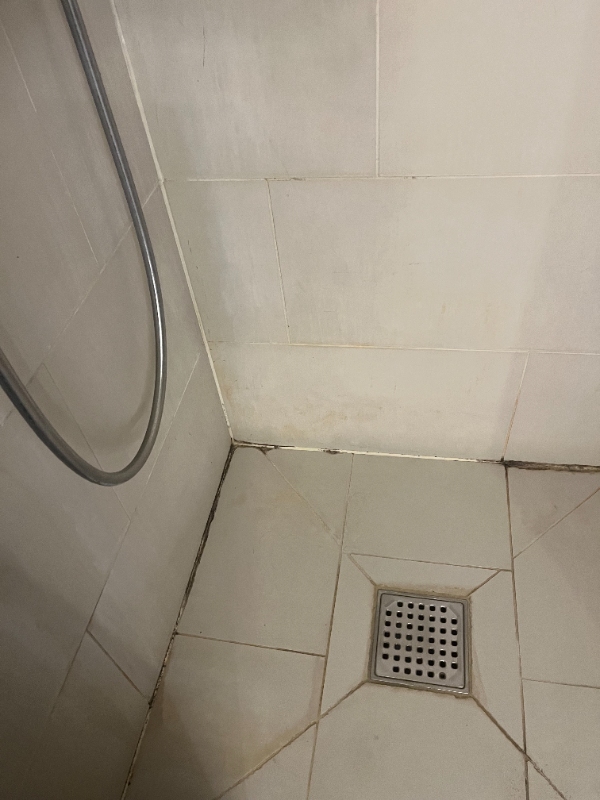 Omfugning af jordslåede fuger i brusekabine