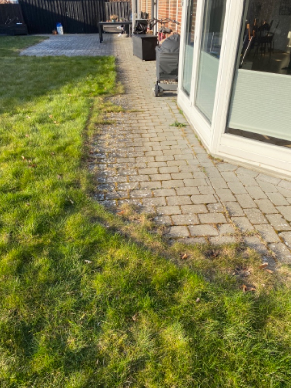 Afretning af kanter og fjernelse af græs der er vokset ud over fliser.