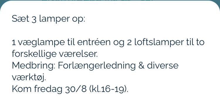 Sæt 3 lamper op (2 loftslamper og 1 væglampe. (Tid: kl.16-19).