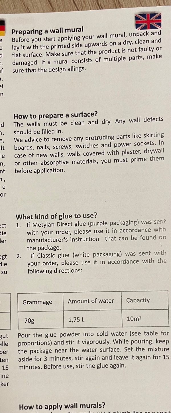 Opsætning af 10kvm tapet.  Jeg har tapet, lim og instruktioner.