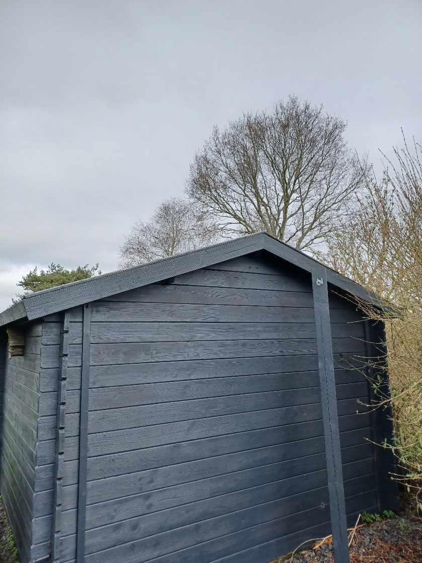 Reparation af tag på mindre anneks i haven. Fjernelse af gammelt tagpap og sternbrædder og nyt tagpap lægges/nye brædder monteres.