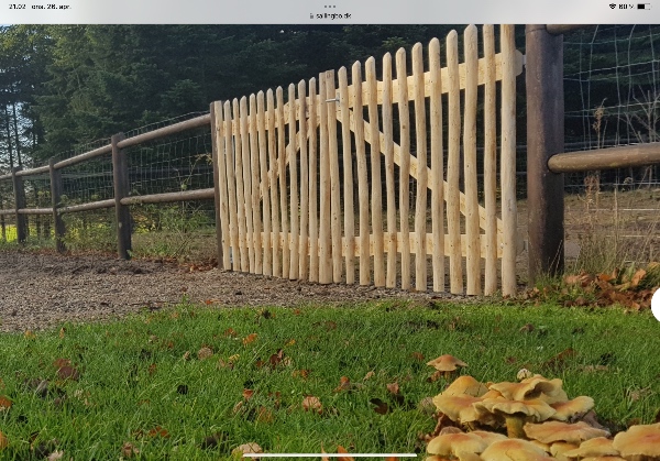 Opsætning af dobbeltlåge( 3 m)opsæt  . 2 stolper i stolpebeton.  låge  er i kastanjehegn