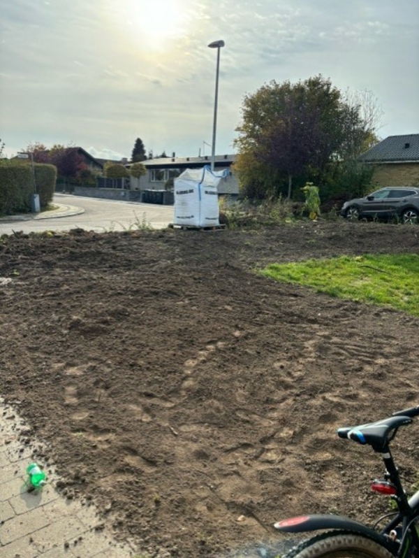 Panering af jord, såning af græs, lille belægningsopgave, samt plantning af hæk