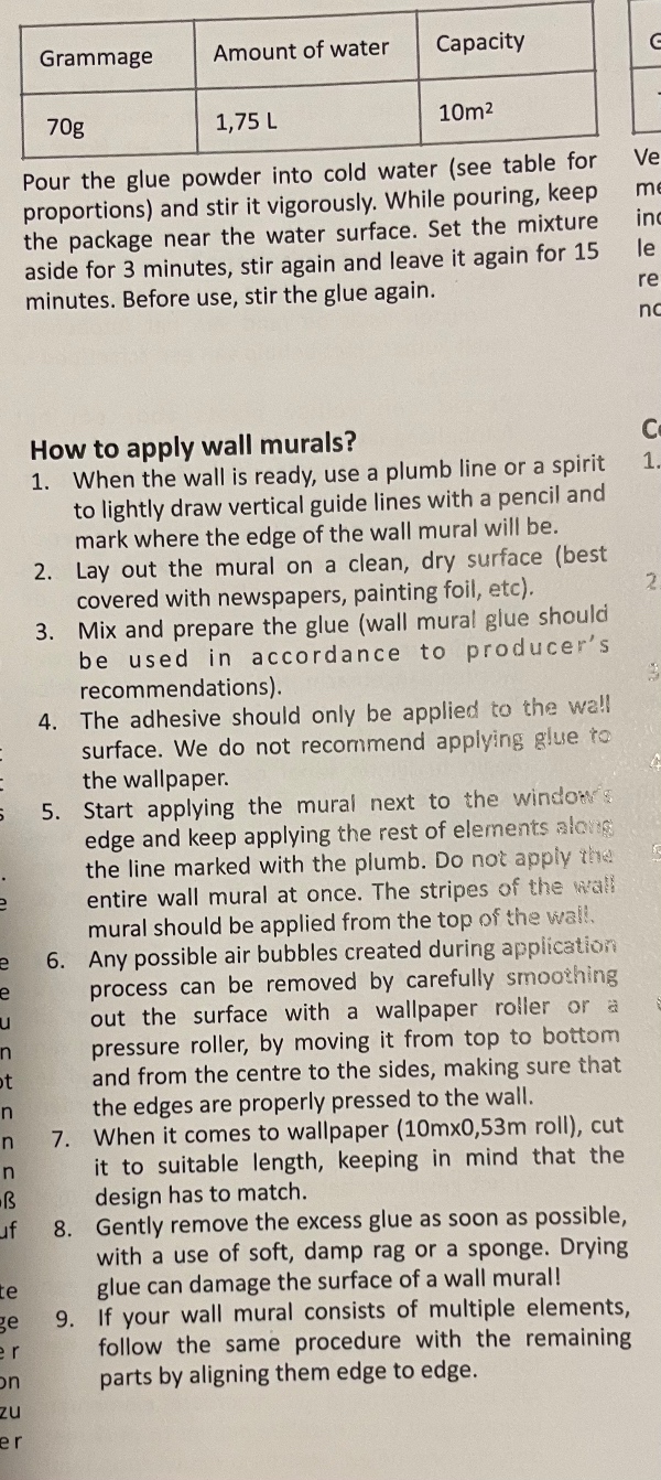 Opsætning af 10kvm tapet.  Jeg har tapet, lim og instruktioner.