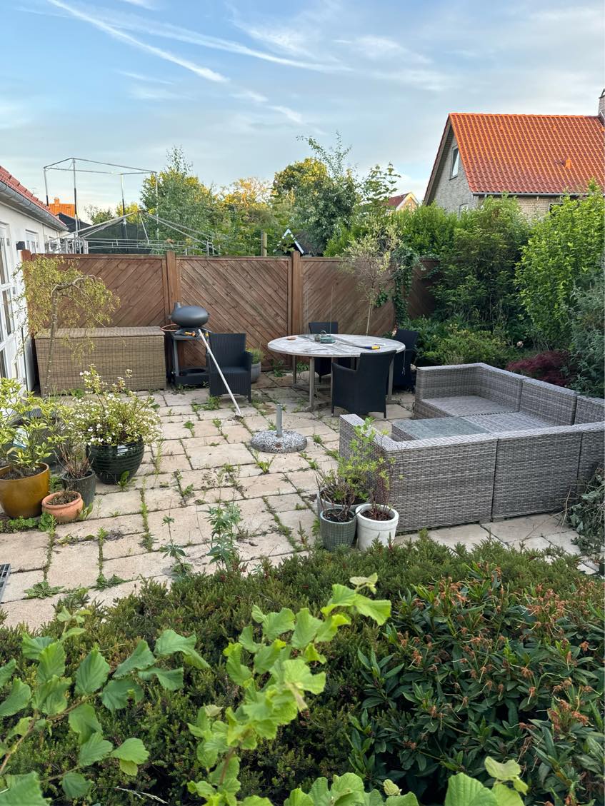 Fjerne ukrudt på min teresse samt i beddet rundt om.