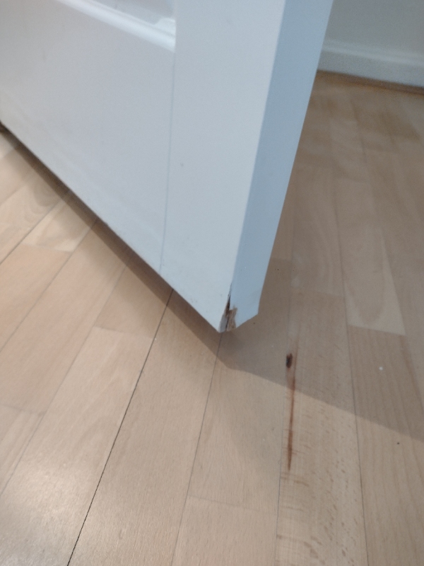 Udskifte dørtrin + dør til badeværelse med materialer som kan tåle vand.