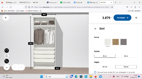 Samling af Ikeareol Pax med hylder 236 cmx38cmX99cm med hylder