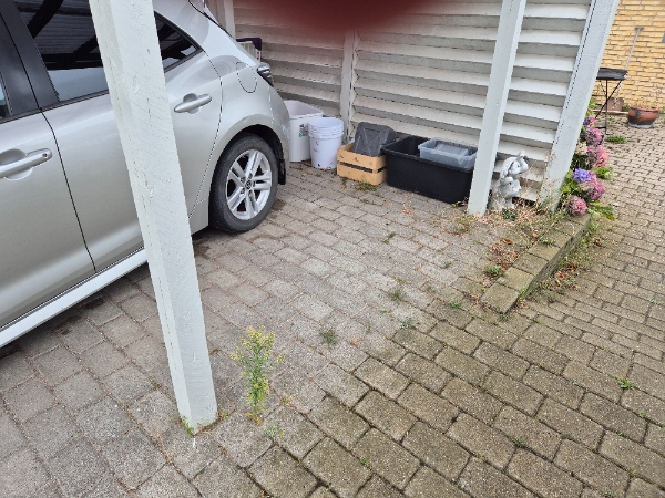 Fjerne ukrudt I bede,på terrassen foran huset og på terrasse bag huset. Ca 25kvm