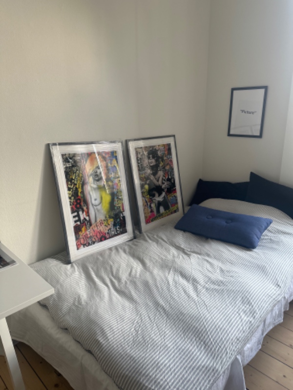 Opsætning g af koglen - lampe, samt ophæng af 5 billeder og fastsættelse af ledning langs dør