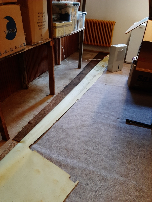 28 kvm kælderrum med gulvtæpper skal skære af og bæres op af kælderen pga. vand i kælderen.