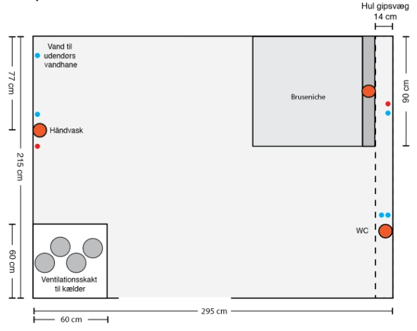 Montering af indbygget brusearmatur og håndvaskarmatur i hul gipsvæg.