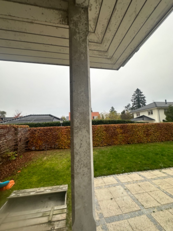 Vask af beskidte træflader på hus (3 vægge) samt 6 søjler og rækværk. 
