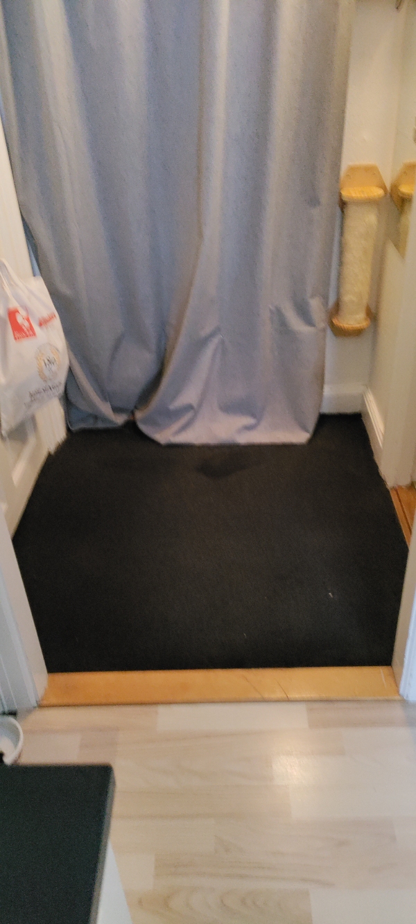 En stump klikgulv på ca. 125 cm  x 125 cm. Pladerne har jeg.