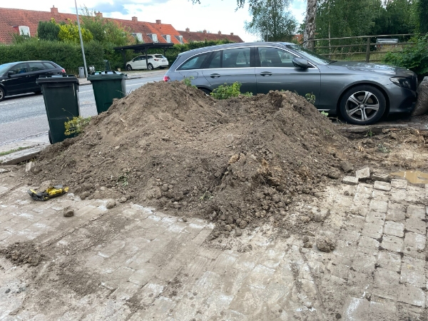 fjern ca. 6 kubikmeter jord og 10 sten, ø ~ 50 cm, lige ud til vej