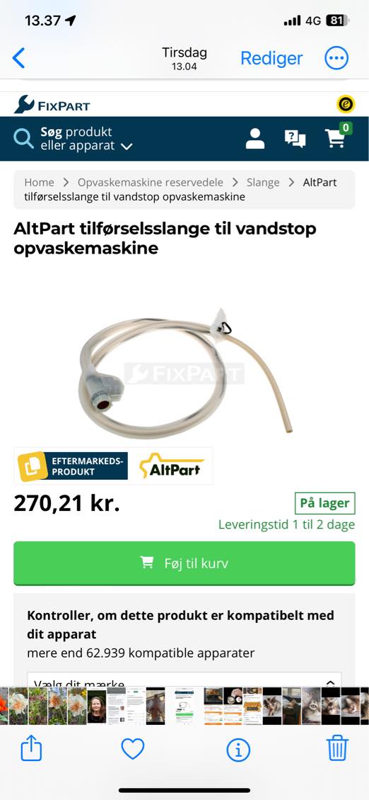 Udskiftning af vandtilførselsslange på Bosch ultra silence opvaskemaskine